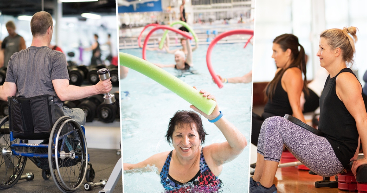 A triptych of images including a man in wheelchair lifting weights, a water aerobics class, and two women enjoying a group fitness classg